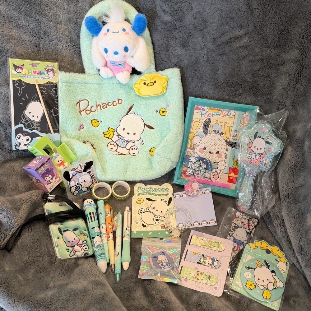 💚Sanrio Pochacco Green Plush Tote Bag with snap closure and 20+ Accessories